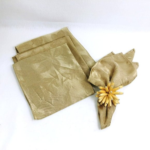 Napkin Embossed Leaf Print 4 Piece Gold - Picture 2 of 5
